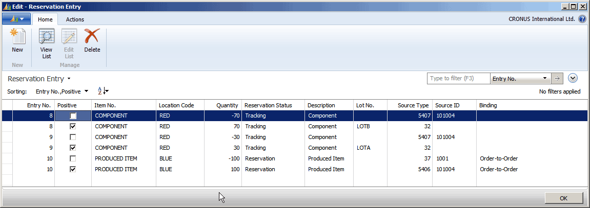 First example of order tracking entries in Reservation Entry table.