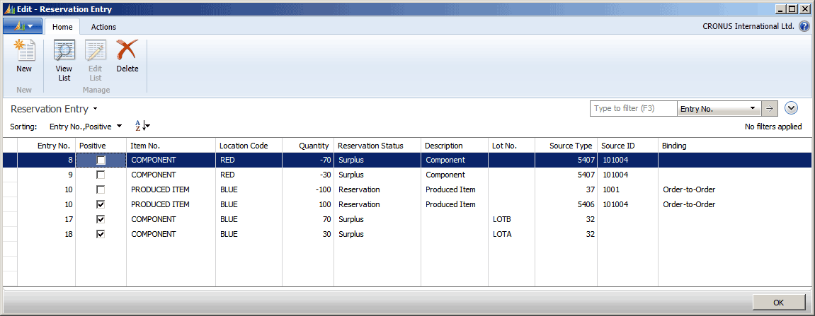 Third example of order tracking entries in Reservation Entry table.