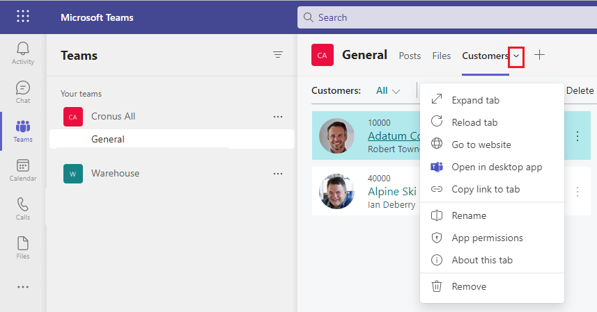 Shows the Business Central tab configuration window in Teams and the tab options menu