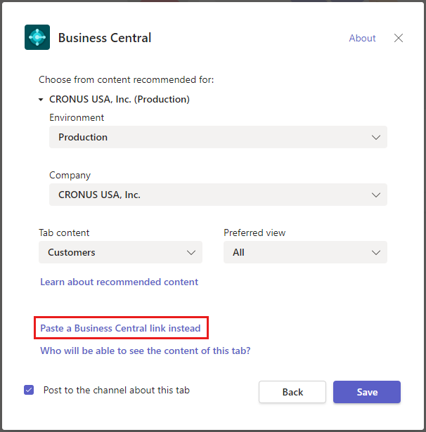 Shows the Business Central tab configuration window in Teams and highlights the link option