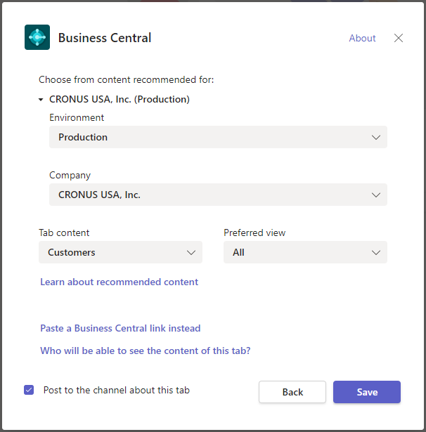 Shows the Business Central tab configuration window in Teams