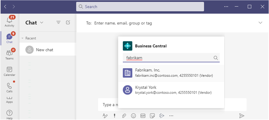 Search for Business Central contacts from message box.