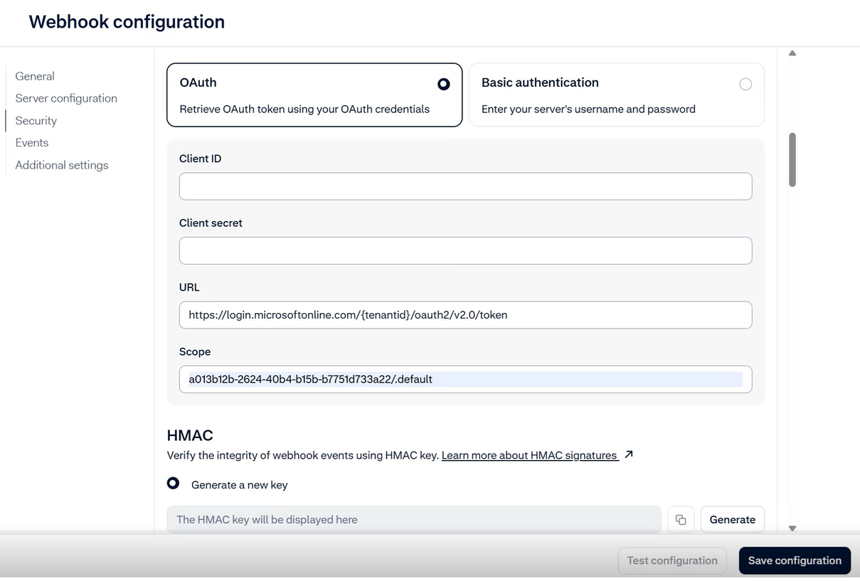 Screenshot that shows the OAuth configuration settings for a standard webhook in Adyen.