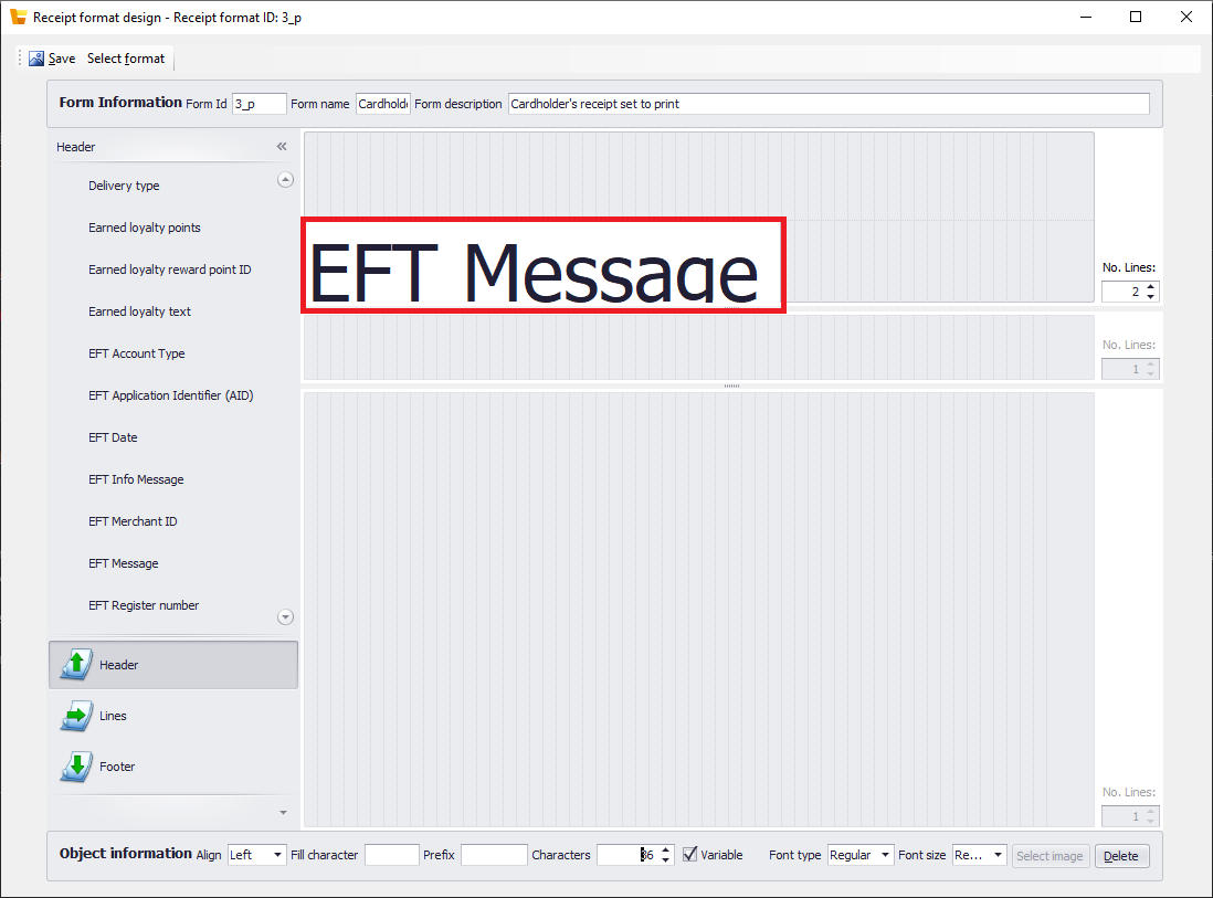 EFT Message variable in the header of the cardholder's receipt.