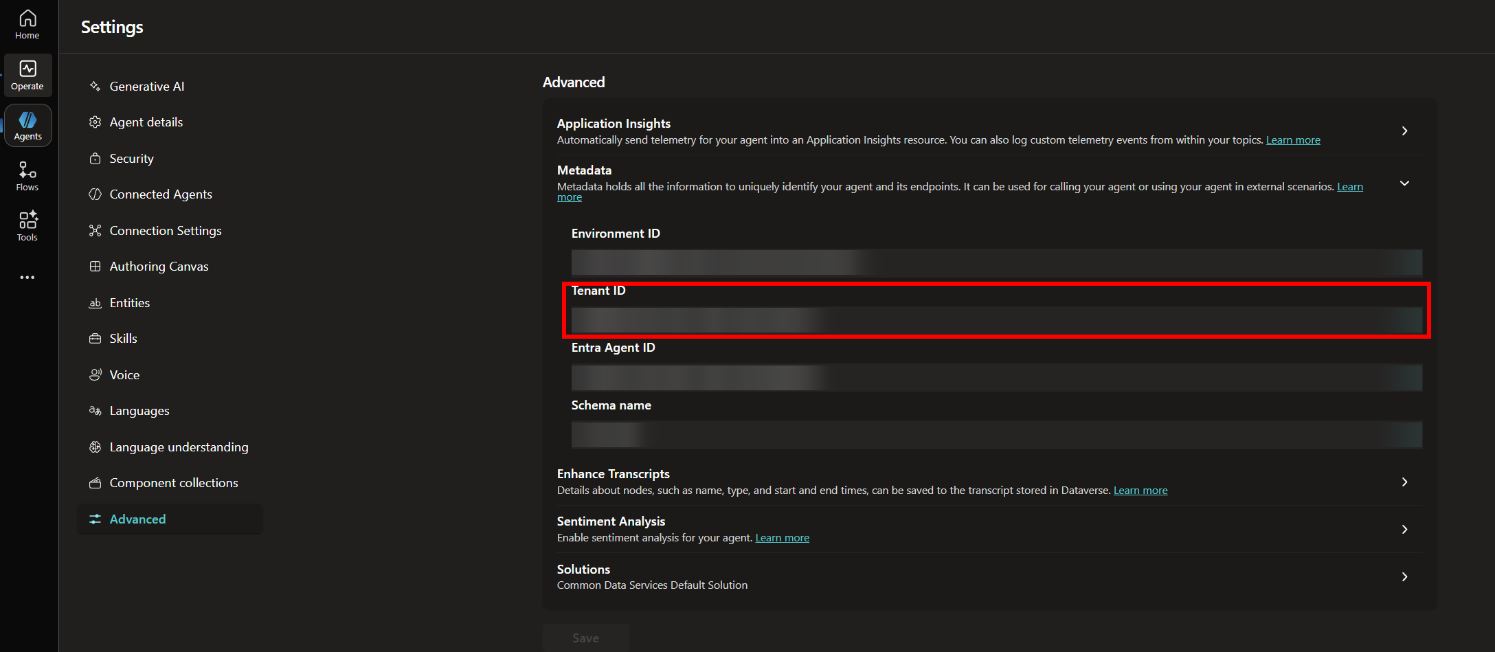 Screenshot of the Metadata section on the Advanced settings page in Microsoft Copilot Studio, with the Tenant ID value highlighted.