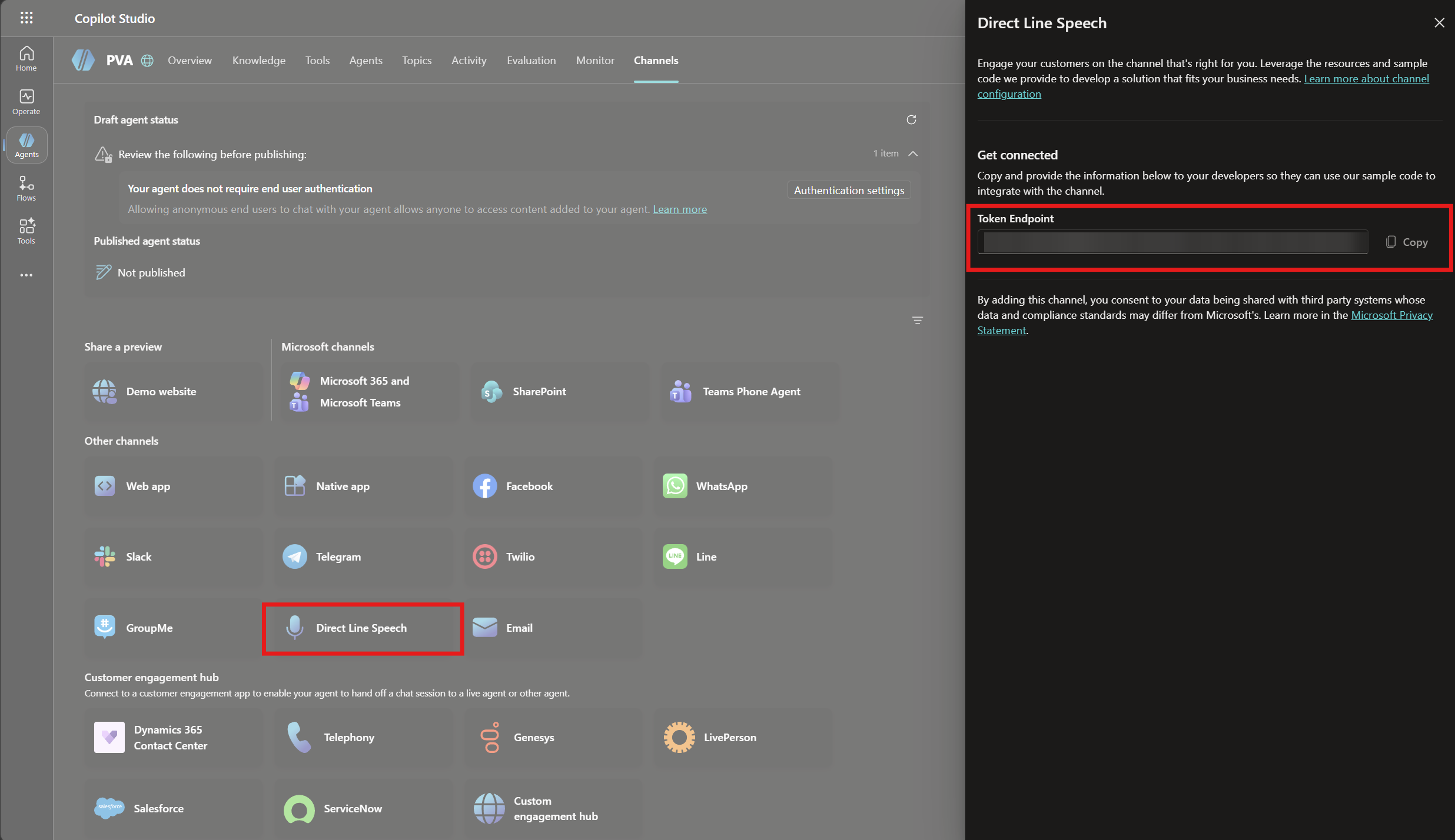 Screenshot of the Channels tab in Microsoft Copilot Studio with the Direct Line Speech channel selected and the Token Endpoint value highlighted in the Direct Line Speech pane.