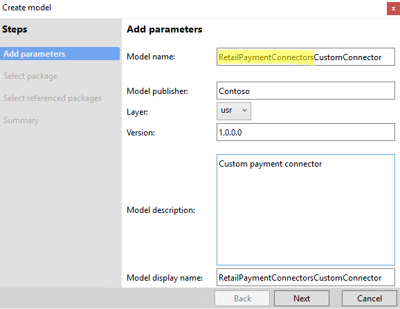Add parameters page in the Create model wizard.