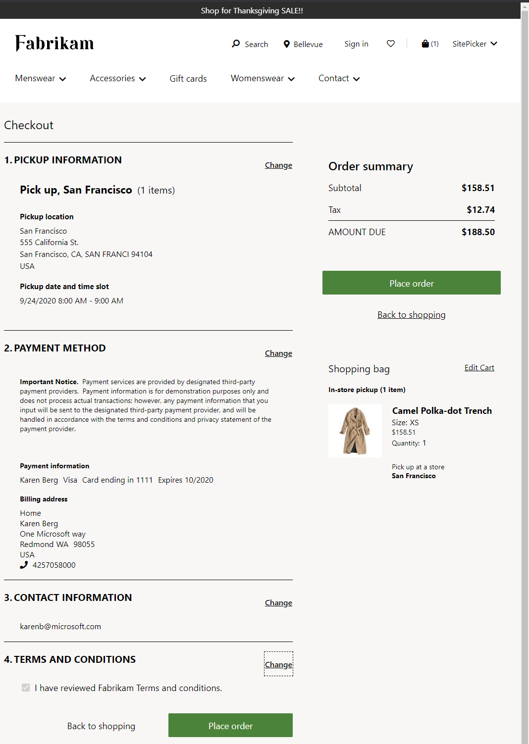 Example of an e-Commerce checkout page that includes time slots for pickup line items.