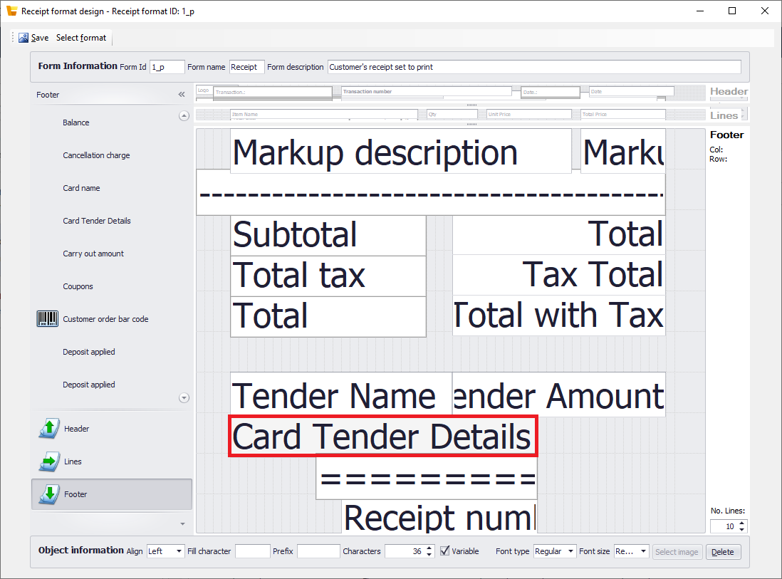 Card Tender Details variable in the footer of the customer's receipt.