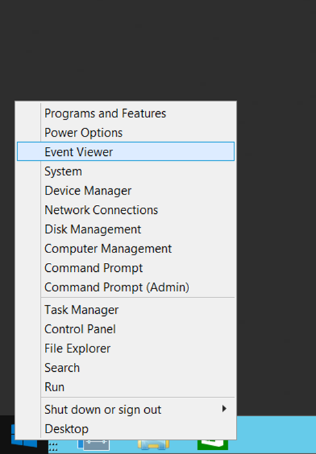 Event Viewer command on the shortcut menu for the Start button.
