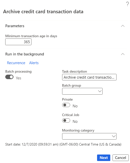 Parameter settings in the Archive credit card transaction data dialog box.