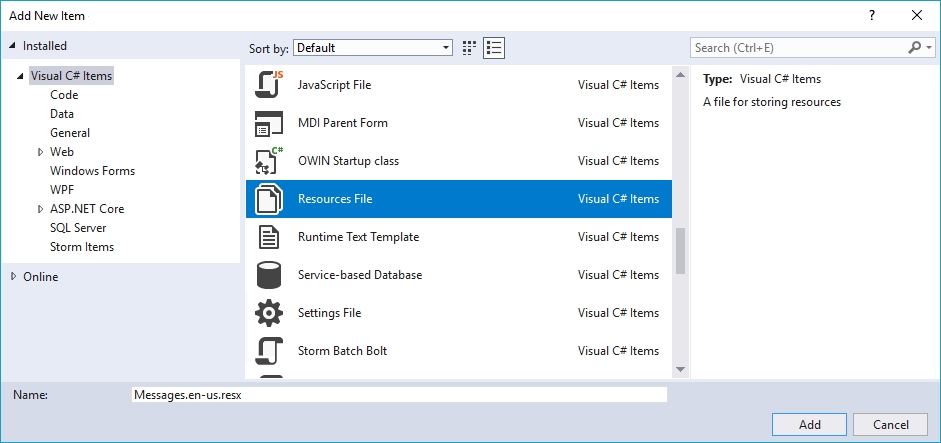 Create new resource file in Visual Studio.