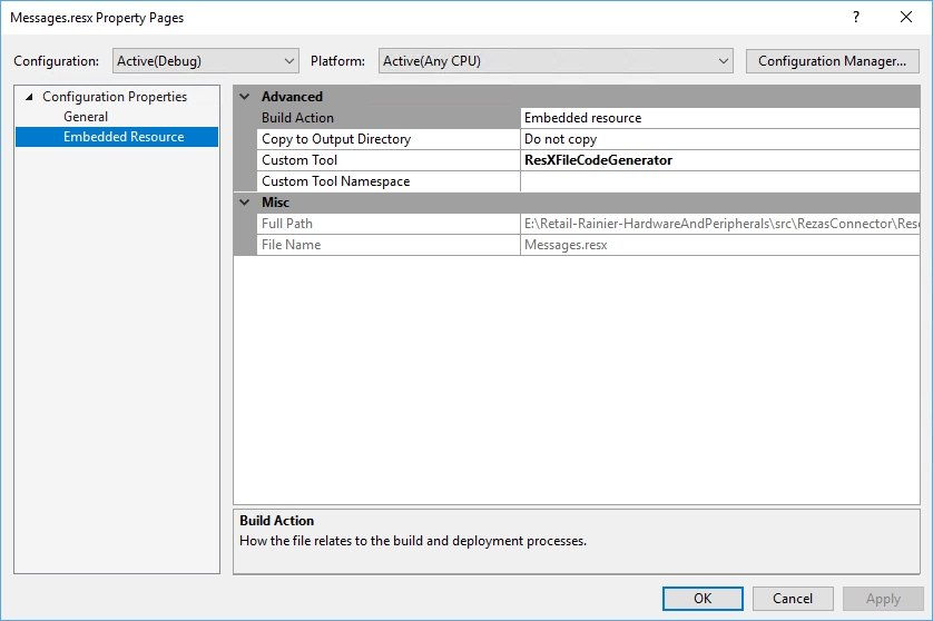 Properties of a new resource file in Visual Studio.