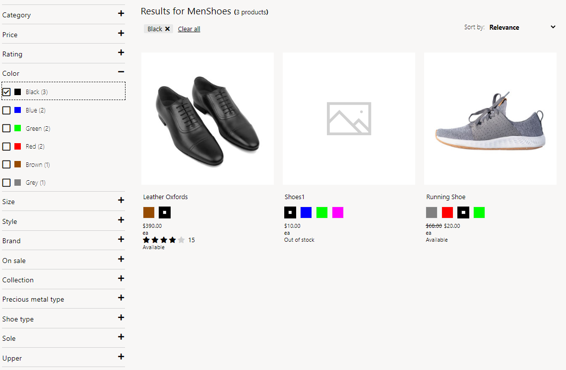 Example of the color dimension shown as swatches on an e-commerce list page.