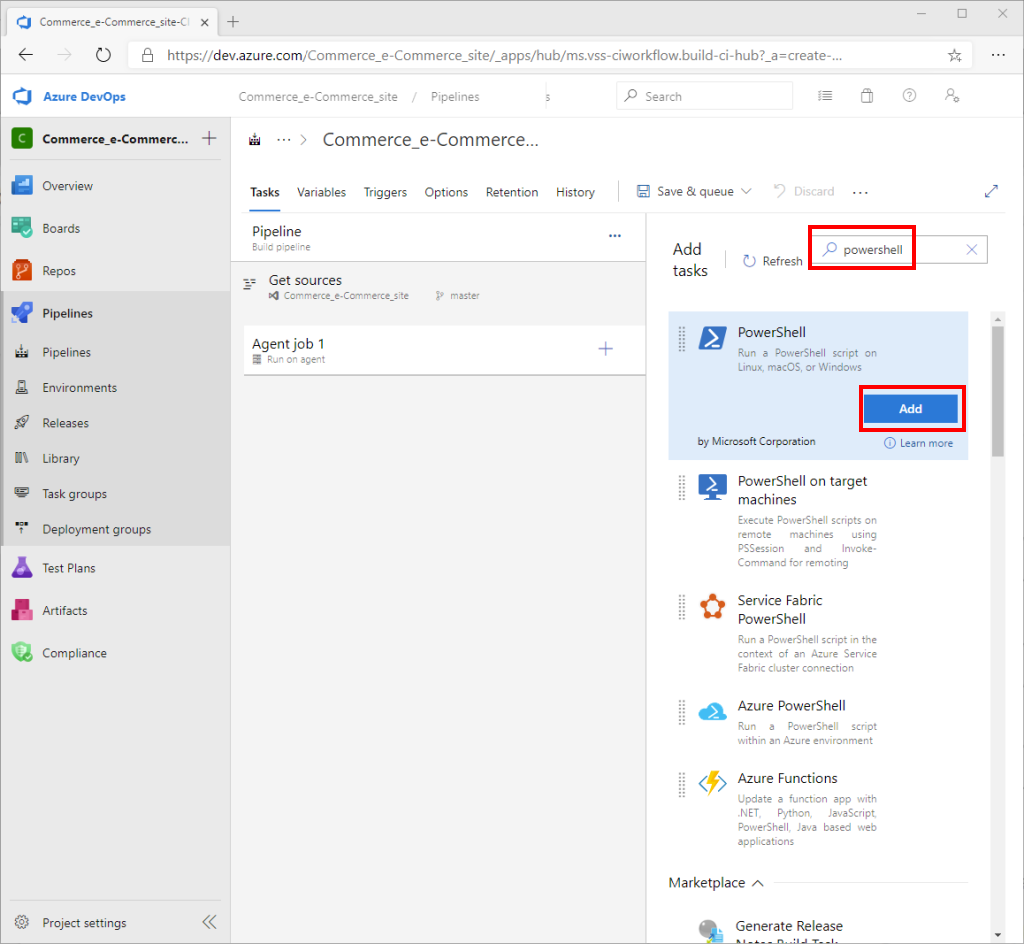Azure DevOps "Add tasks" pane with search box and PowerShell task "Add" button highlighted