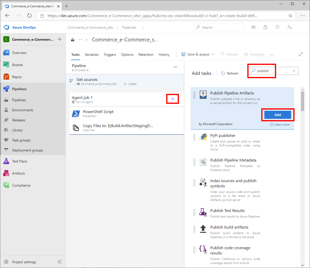 Azure DevOps "Add tasks" pane with search box and "Publish Pipeline Artifacts" task "Add" button highlighted