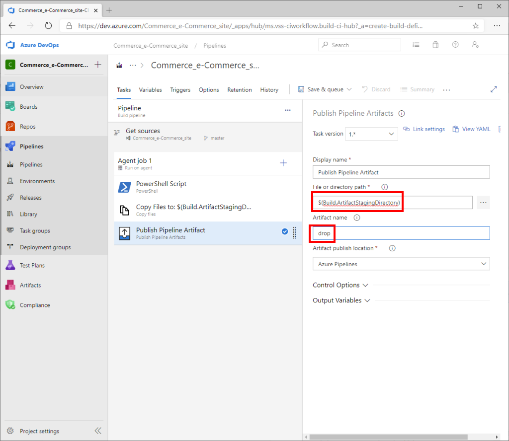 Azure DevOps "Publish Pipeline Artifacts" pane with "File or directory path" and "Artifact name" fields highlighted