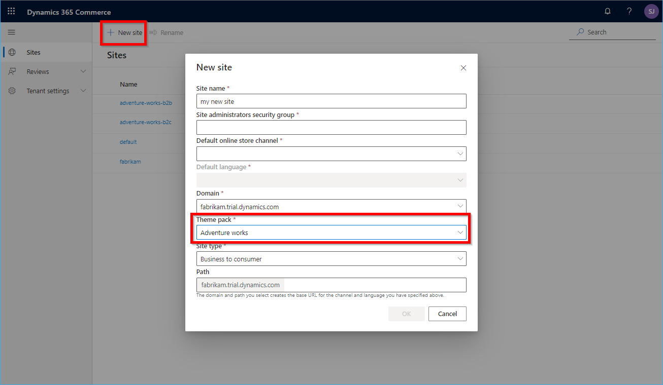 Theme pack field in the New site dialog box in Commerce site builder.