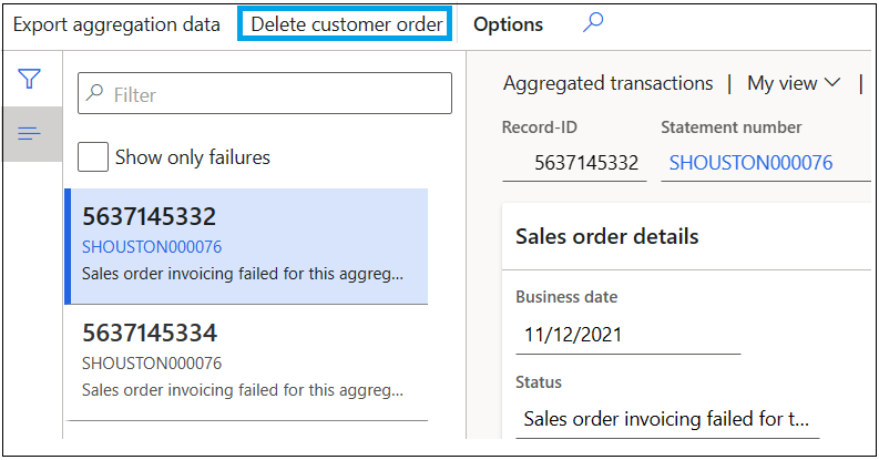 Delete customer order button in the aggregated transactions view.
