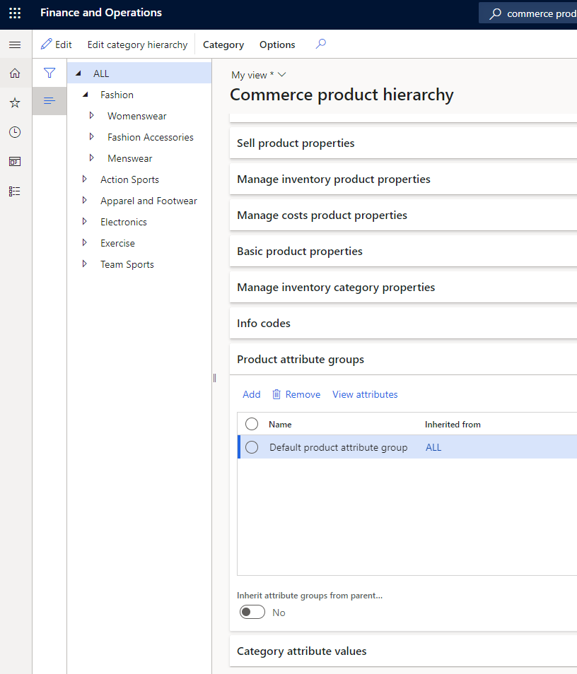 Product attribute groups FastTab on the Commerce product hierarchy page.