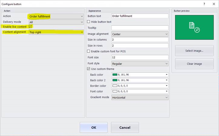 Live content settings in the button grid designer.