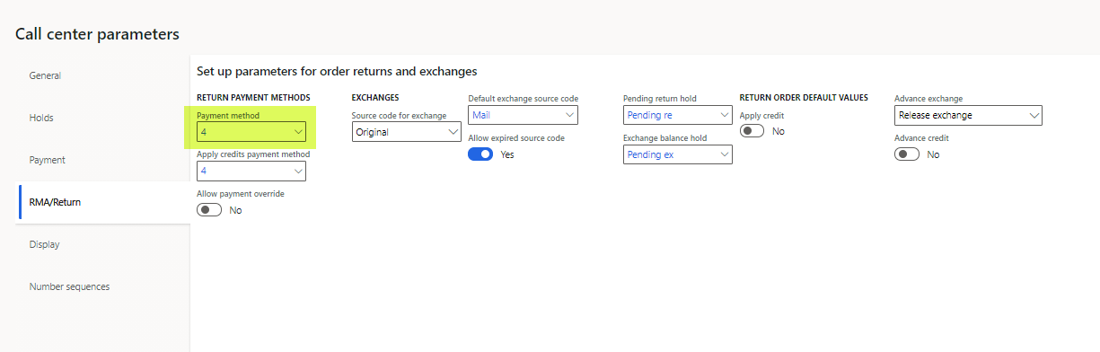 Payment method field on the RMA/Return tab of the Call center parameters page.