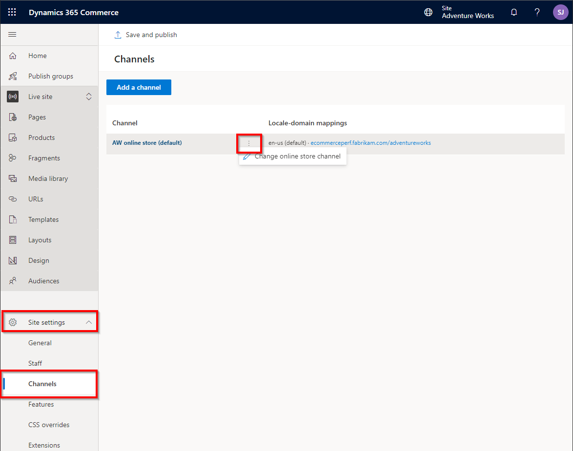 Managing the channel mapping in site builder.