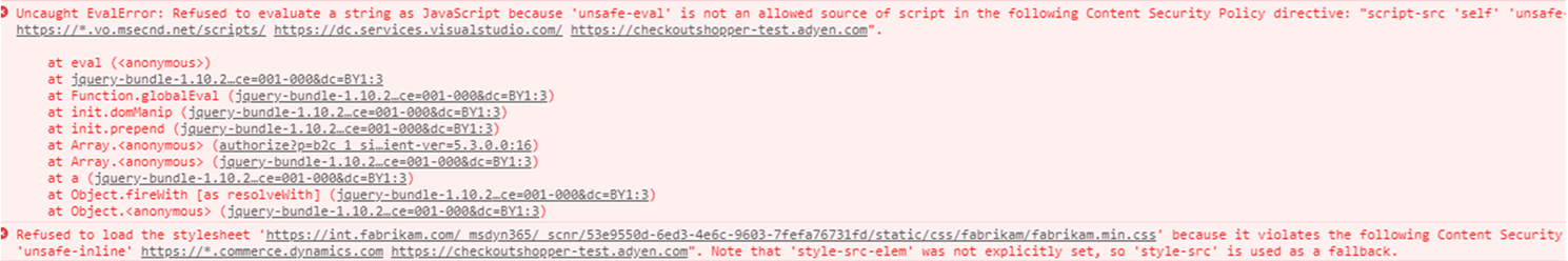 CSP errors in a web browser's developer tools.