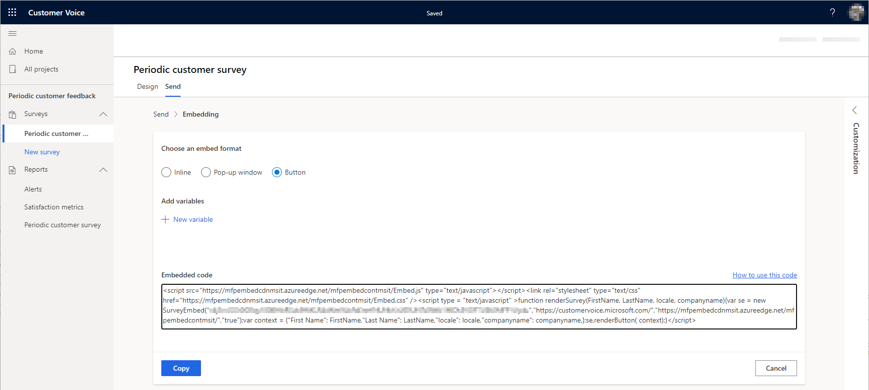 Screenshot of the Customer Voice Periodic customer survey page with the Button option selected.