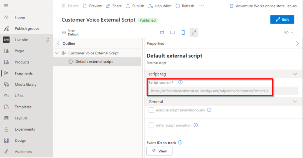 Screenshot of the external script URL in the Script source field for the new fragment.