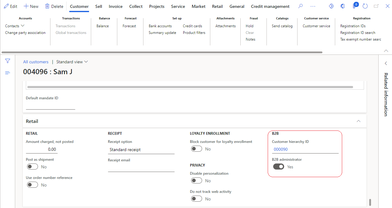 Example of the B2B section on the Retail FastTab of a customer record, where the customer is associated with a hierarchy and specified as an administrator.