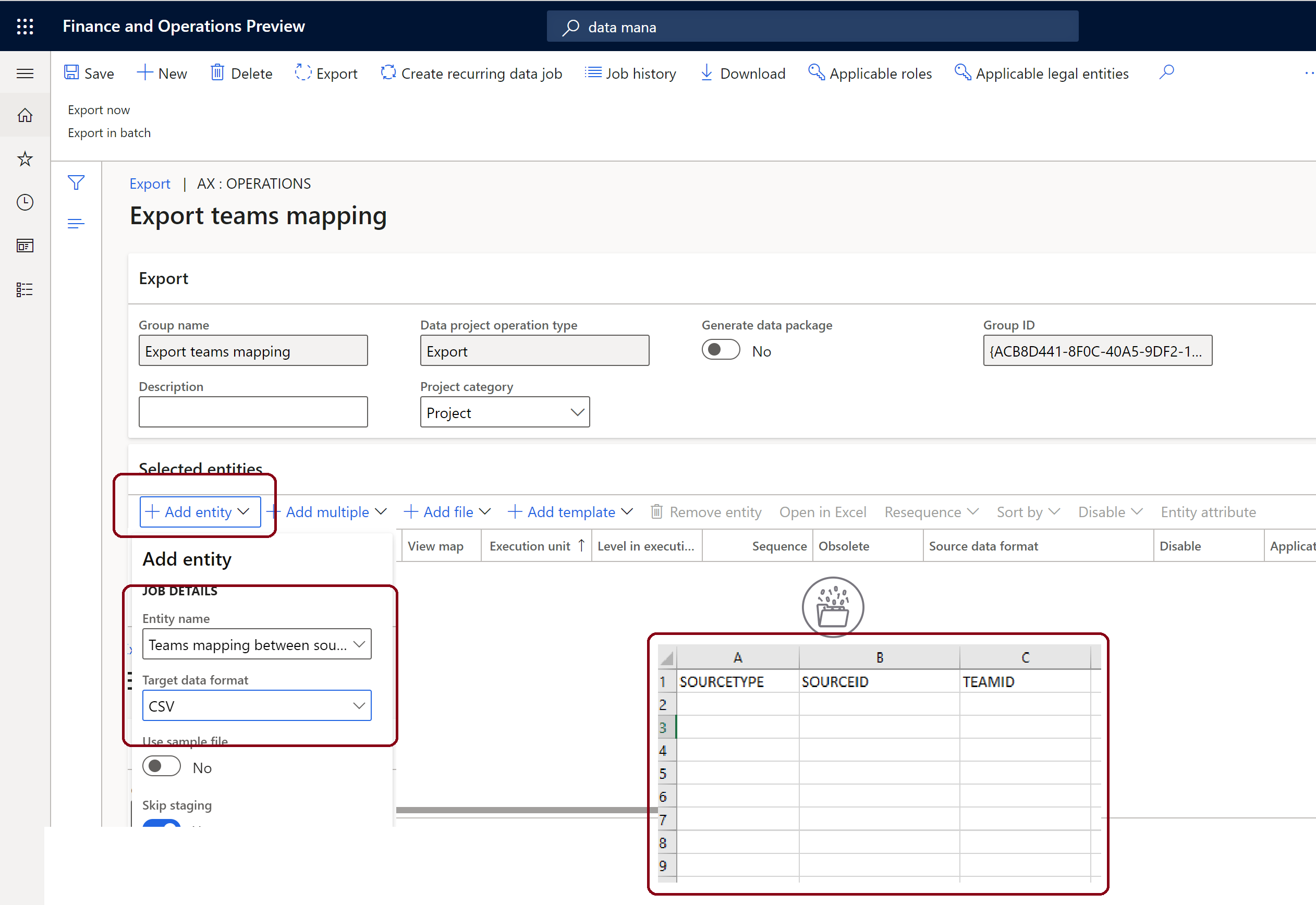 Export teams mapping group in Commerce with add entity elements and the exported CSV file headers highlighted.