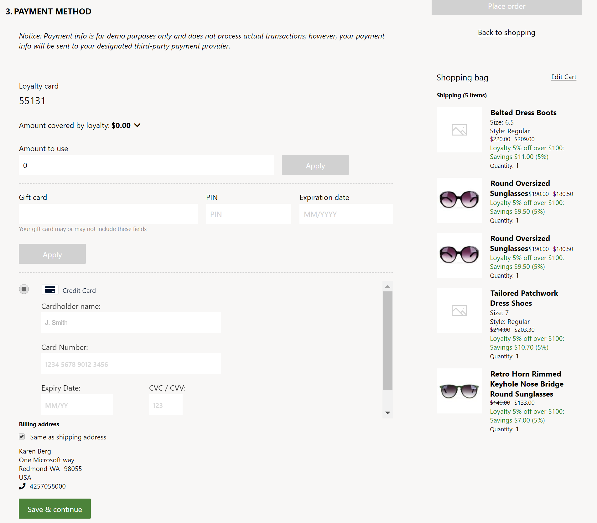 Example of gift card, loyalty, and Adyen payment modules on a checkout page.