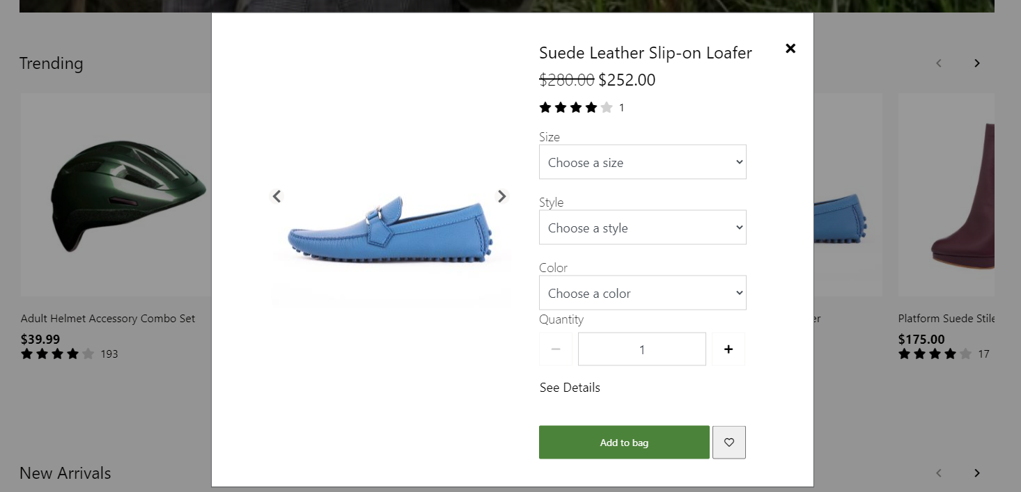 Example of a quick view module on a product list page.