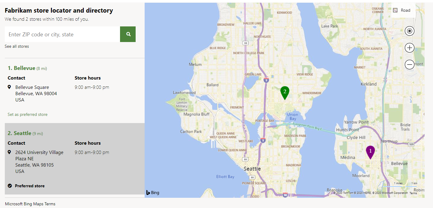 Example of a store selector module and a map module on a store locations page.
