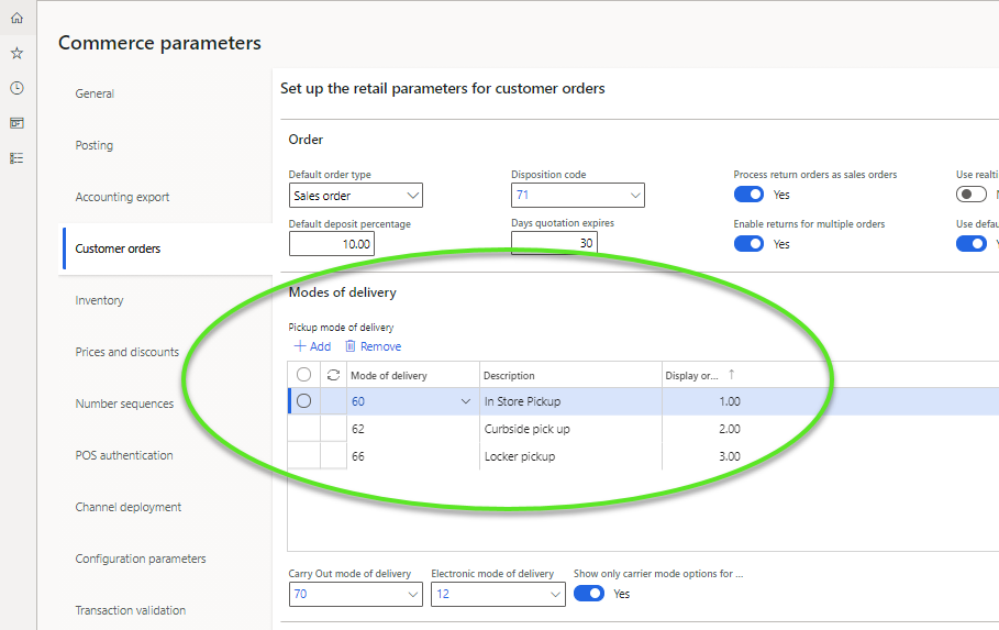 Pickup delivery modes on the Commerce parameters page.