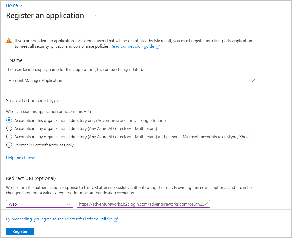 Registration of the Microsoft Entra B2B application