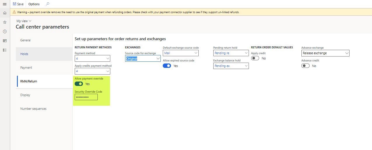 Payment override parameters on the RMA/Return tab of the Call center parameters page.