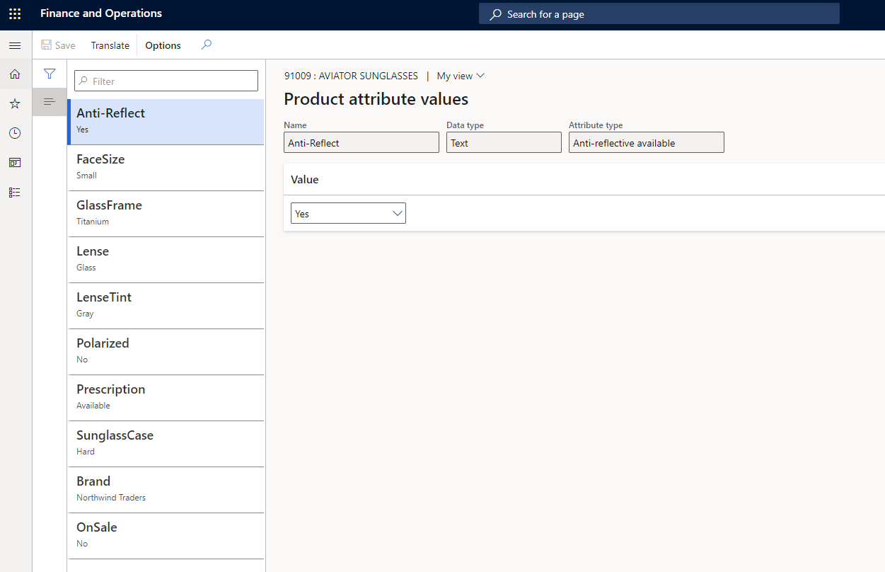 Product attribute values page.
