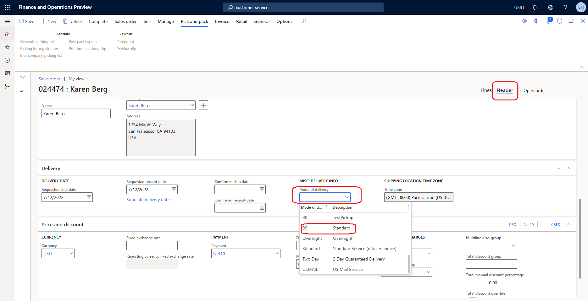 Selecting a mode of delivery.