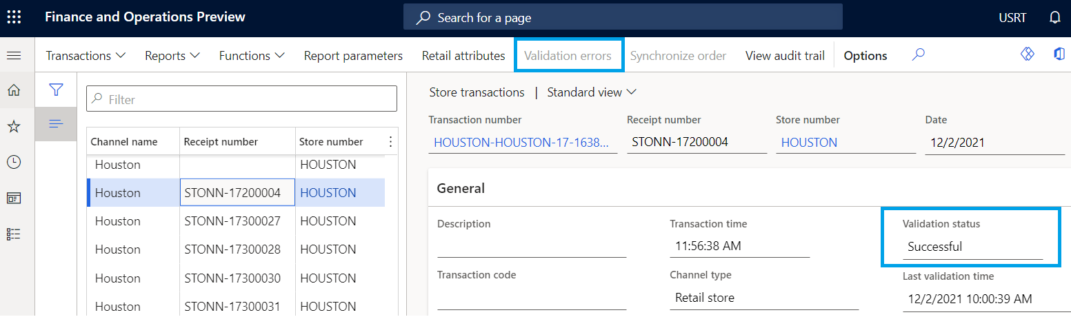 Store transactions page showing the Validation status field and the Validation errors button.