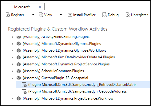 The Registered Plug-ins & Custom Workflow Activities tree view