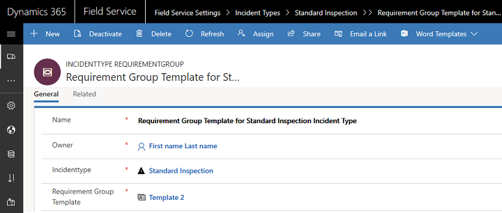 Screenshot of associating requirement group template with incident type.