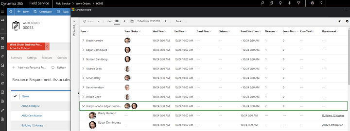 Screenshot of scheduling requirement group from a work order via schedule assistant.