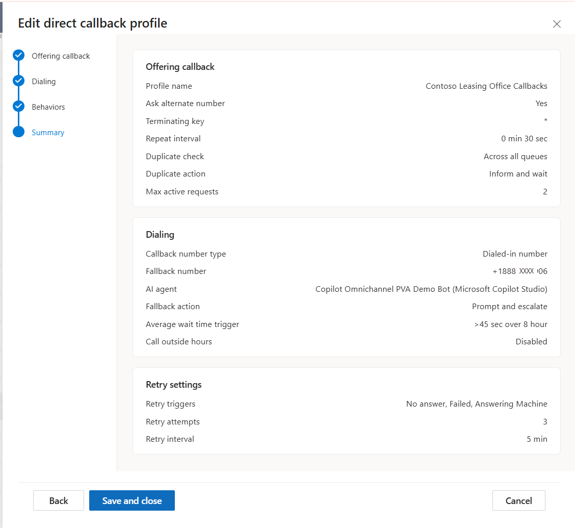 A screenshot of a summary of the callback profile.