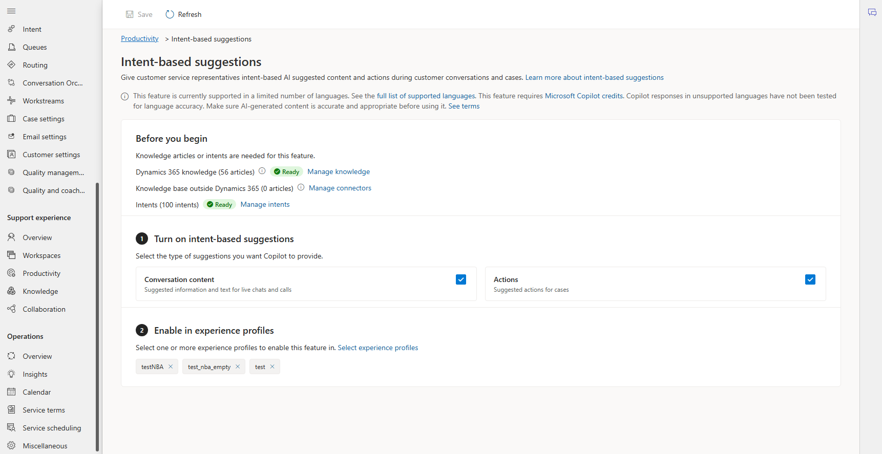 Screenshot for intent based suggestions admin UI.