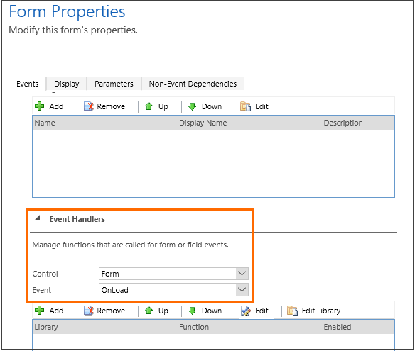 Event Handler section in Form Properties Event Handler section in Form Properties.
