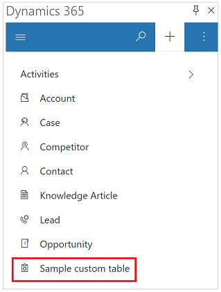 Power Apps mobile user interface with model-driven and canvas apps A custom table has been added to the quick create menu