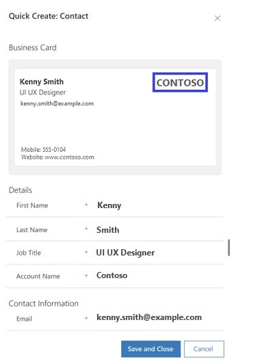 Contact form showing scanned card with automatically populated fields.