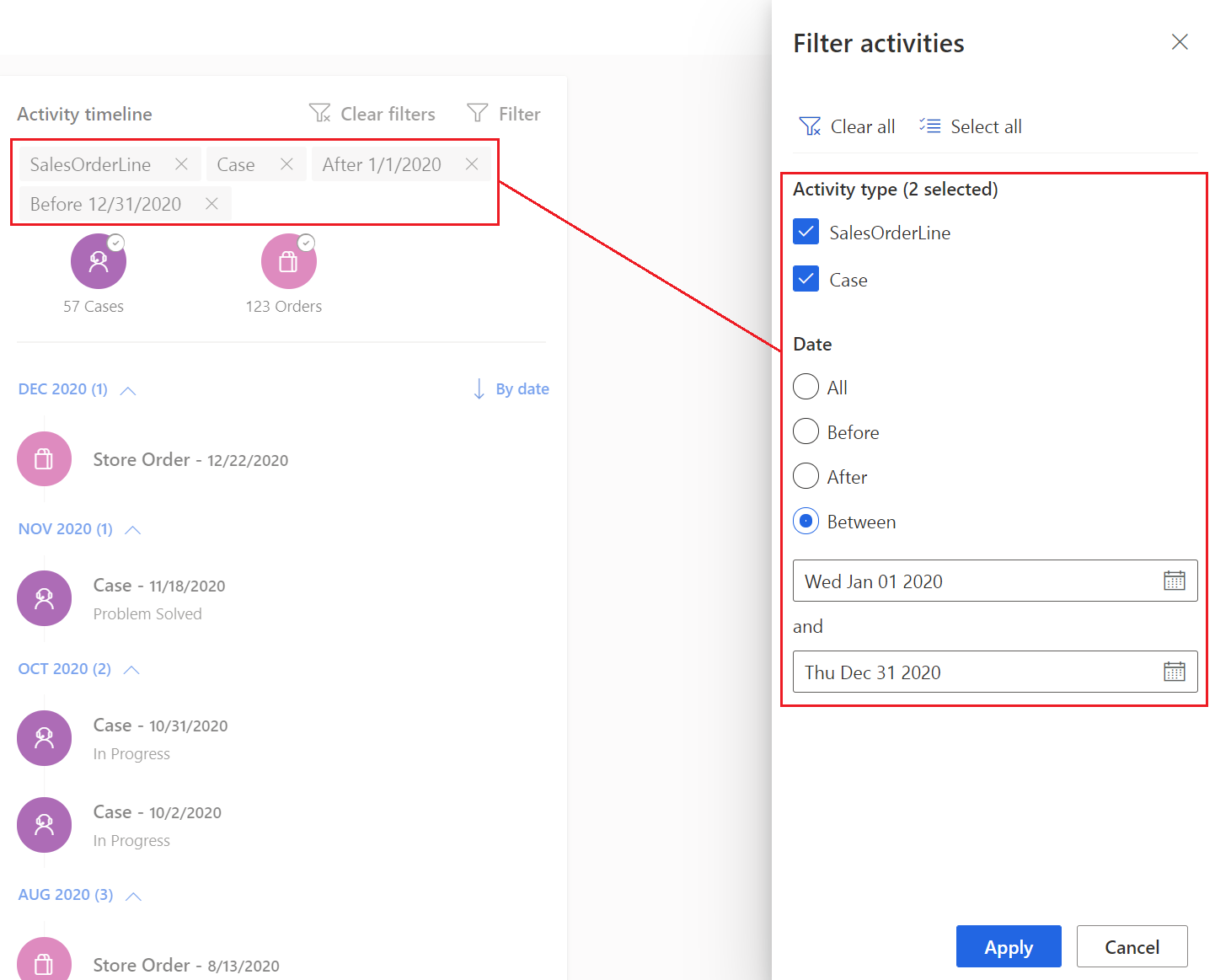 Use the filter panel to configure filter conditions.